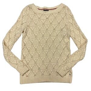 Tommy Hilfiger Women's Sweater Medium Cream Knit Cotton Pullover Classic